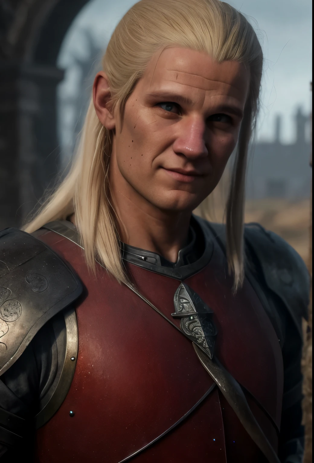 (8k, RAW photo, highest quality),(epic realistic:1.5), 1boy, caucasian, long white hair, smirk, photorealistic, evil look, full red armor, dark souls, intricate details,cinematic, dark studio,(hdr:1.5),detailed, muted colors, realistic, intricate, detailed face, realistic eyes.