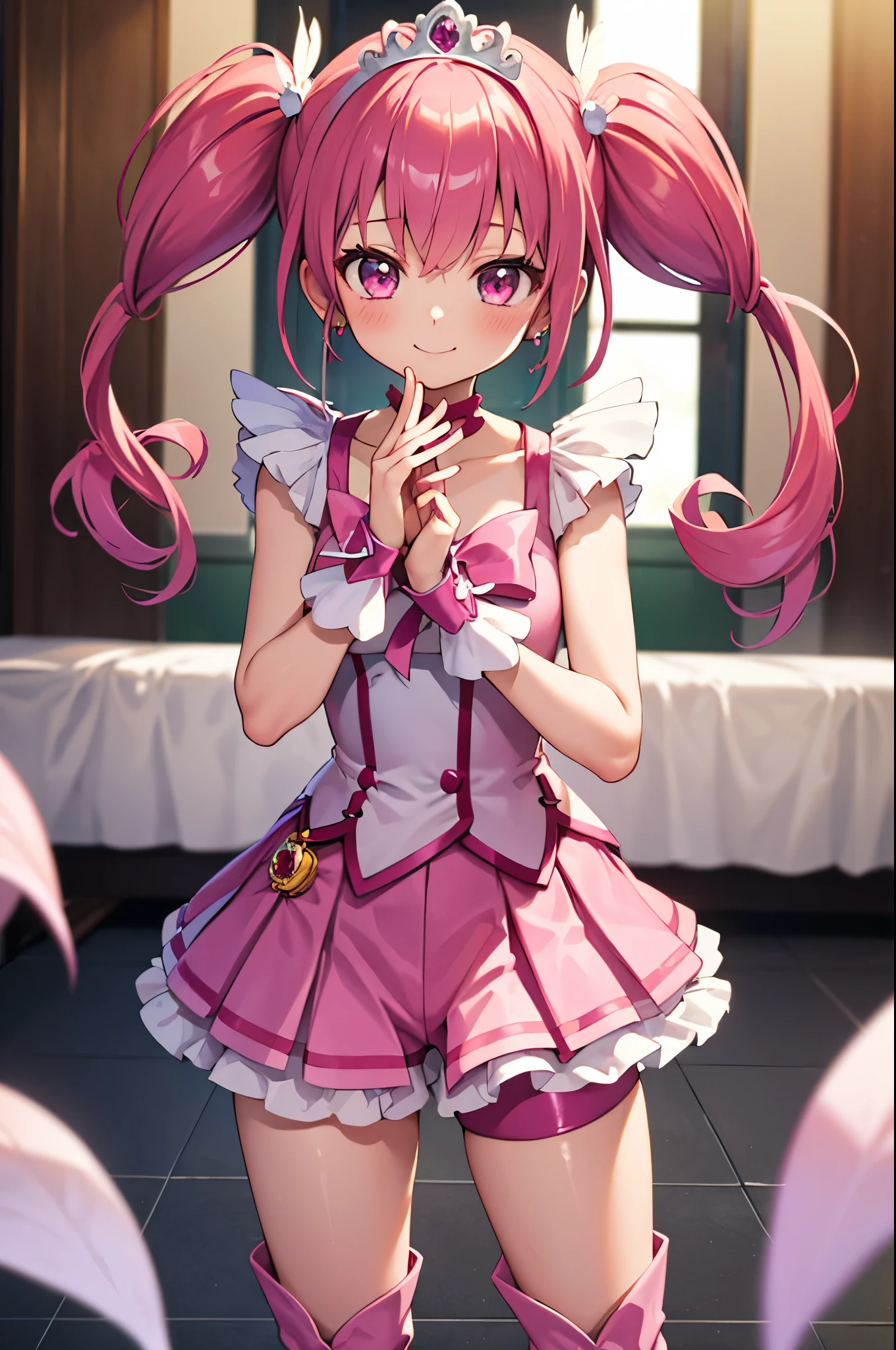 (masterpiece), highest quality, High resolution, Very detailed, Detailed Background, Cinema Lighting, Super detailed, anime, One Girl, alone, Cure happiness, Pink Hair, (Large curls and low twin tails), Feather hair ornament, skirt. tiara, Wrist cuff, (Pink shorts), Pink shorts under skirt, boots, Smile, (Shiny fabric), Cowboy Shot, Pink Gemstones, Are standing, blush, (Beautiful fine details), Very detailedな顔, Perfect lighting, Very detailedなCG, (Perfect hands, Perfect Anatomy), Shiny material, Pink ribbon, jewelry, Latex gloss, Dynamic pose.