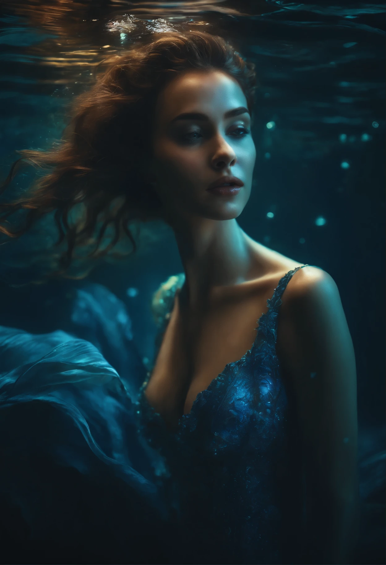 ultra detailed artistic photography, underwater portrait, dreamy, glowing, backlit, shadows, oil on canvas, smooth, ultra high definition, 8k, ultra sharp focus, intricate artwork masterpiece, flowy outfit, highly detailed, vibrant, production cinematic character render, ultra high quality model