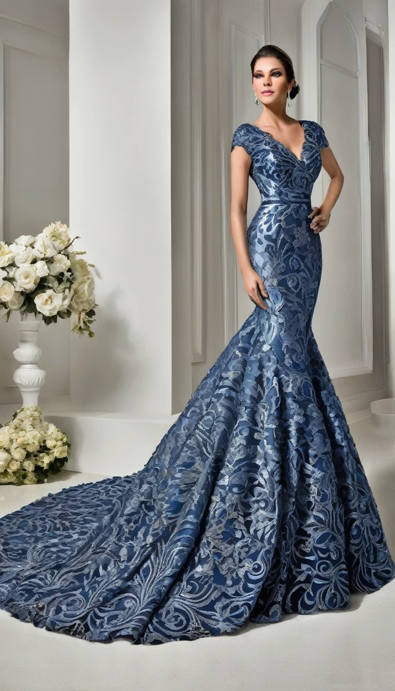 Crie uma imagem apresentando uma modelo alta, de origem caucasiana, com cabelos loiros e olhos verdes, vestindo um elegante vestido azul marinho de formatura. The dress must be designed for a special graduation occasion, com um corpete ajustado e uma silhueta fluente. O tecido sedoso e luxuoso reflete a luz sutilmente, com detalhes delicados de renda azul marinho no corpete ou nos ombros para adicionar textura. Aprimore o visual com uma faixa ou cinto na cintura com um sutil brilho, and consider silver or pearl accents along the neckline or sleeves for a touch of glamor. A paleta de cores deve ser azul marinho profundo, creating a sophisticated and serene vibe.