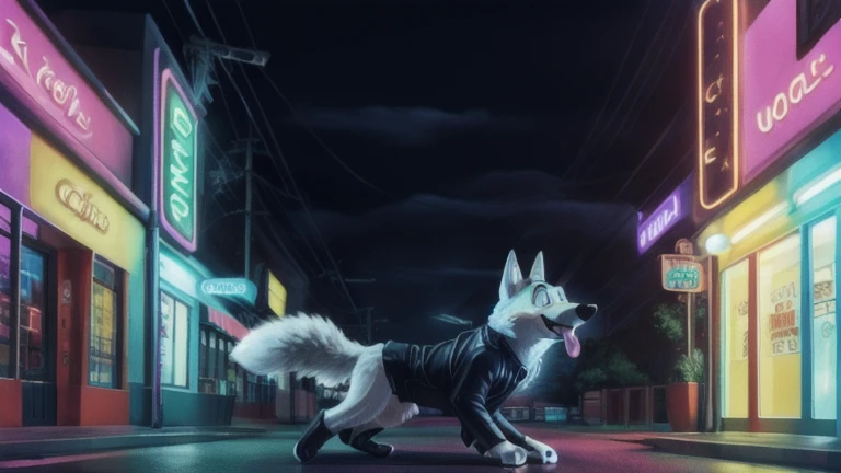 cute cartoon of a (gary \(zootopia\)) wearing a (leather jacket), solo, wolf, white fur, tongue out, completely glowing green eyes with no irises or pupils, walking on all fours, BREAK, background gay bar,  neon lights, sexual depravity, BREAK, (intricate, high detail, film photography, soft focus, RAW candid cinema, photorealism, realistic, photorealistic, analog style, subsurface scattering, masterpiece, best quality, ultra realistic, 8k), 