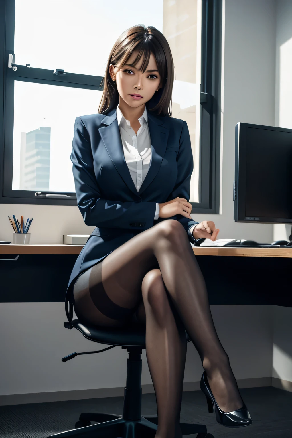 Woman working in the office Sitting on a chair with legs crossed Wearing pantyhose The background is the office, UHD, retina, masterpiece, ccurate, anatomically correct, textured skin, super detail, high details, high quality, award winning, best quality, highres