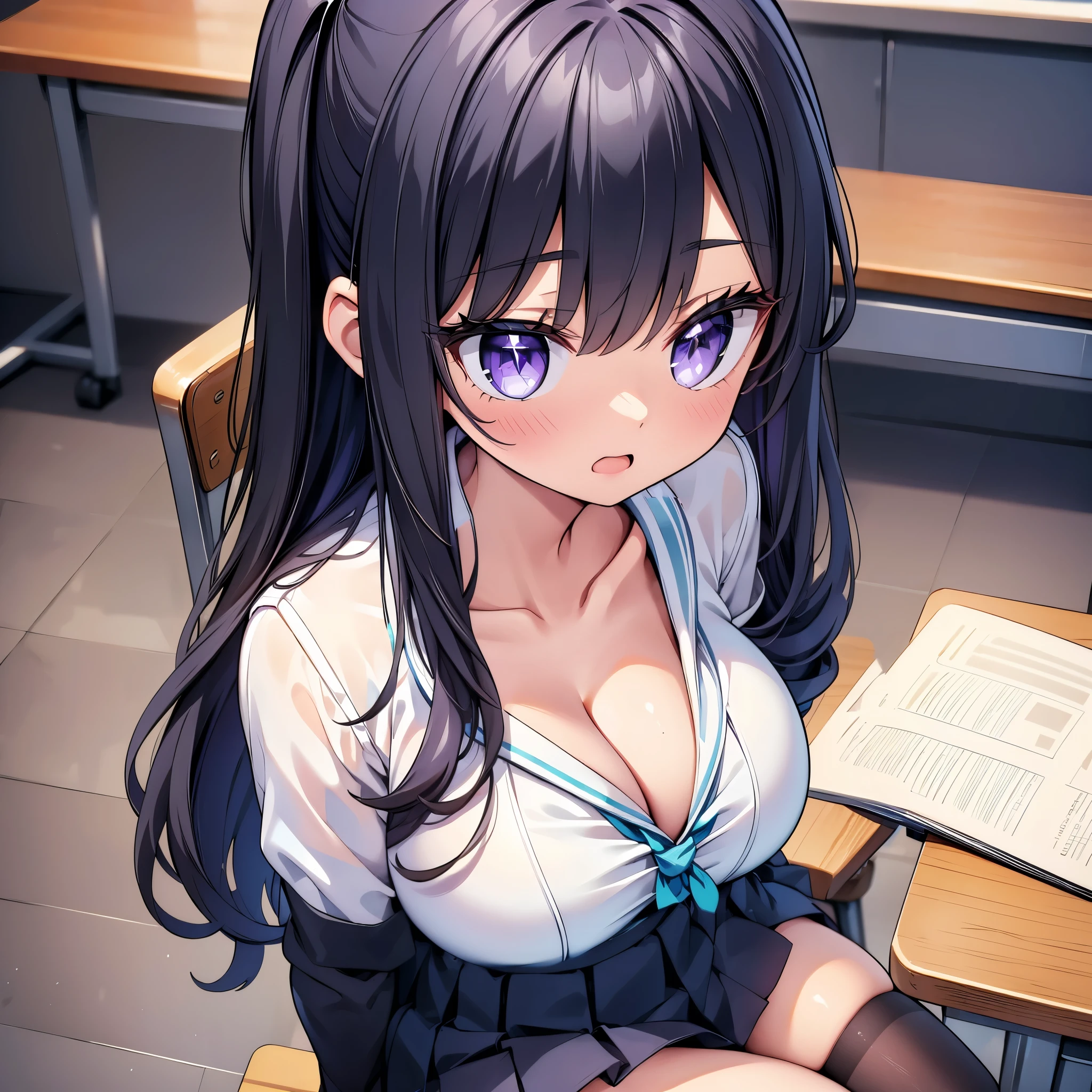 (skinny body),(huge breasts:1.4), (sailor uniform:1.2), (Open clothes), (Light blue striped underwear:1.1),(Waistline)