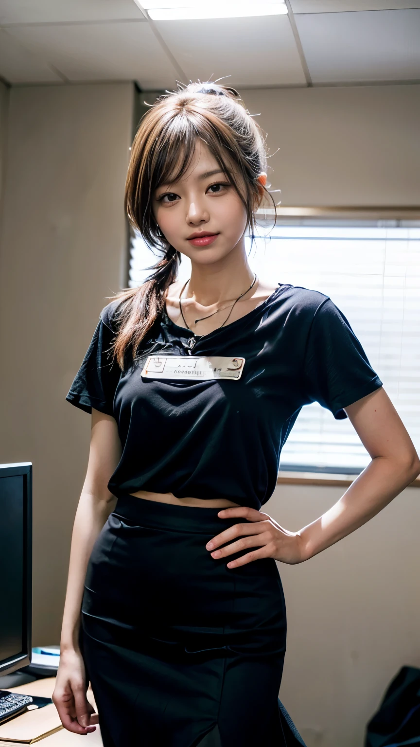 (Woman standing in office:1.3、The background is the office)、(Realistic、Like a photograph、Live Action、8k, Photorealistic, RAW Photos, Best image quality: 1.4), Single-lens reflex camera、RAW Photos, highest quality, Realistic, Highly detailed CG Unity 8k wallpaper, Written boundary depth, Cinematic Light, Lens flare, Ray Tracing, Realistic background、(T-Shirts:1.2、(mermaidskirt:1.5,Long skirt)、Large Breasts:1.37、((Wear a name tag around your neck)))、((Ultra-dense skin))、 1 female,Cute Japanese Woman、Japanese office lady at work、((whole body:1.5),View the computer:1.1、smile、(Medium Hair、Short Ponytail:1.3)、I like that style、Stylish、Very detailed、Pay attention to the details、Perfect outfit、(Sunburned skin)、Beautiful legs:1.1,Anatomically correct body、Accurate Fingers、Are standing、View from the front