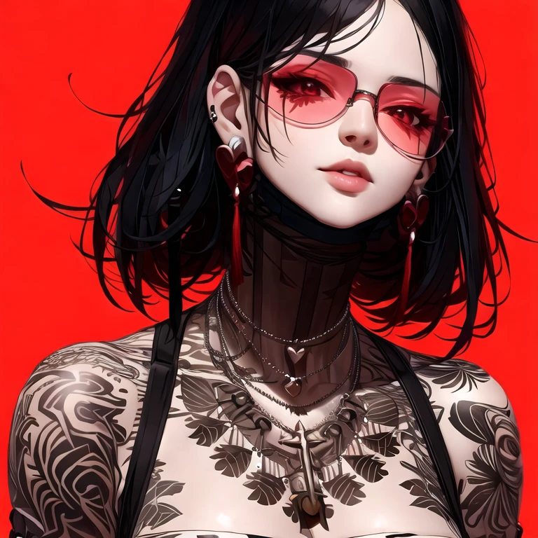 (masterpiece, best quality:1.2), 1girl, solo, black hair girl, beautiful eyes, exquisite small earrings, long eyelashes, long eyeliners, heart lips, unbothered look, tattoo, cool, beautiful, ethereal, majestic, splendid, soff light, detailed background