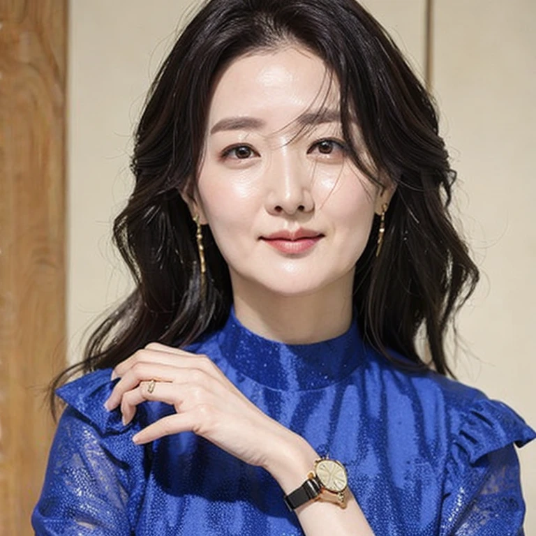 (masterpiece, best quality:1.2), 1girl, Lee Young-ae, waering casual dress, wearing luxury wristwatch, jewelry, solo