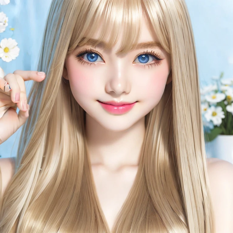 Beautiful white radiant skin, unparalleled beauty, bright, fresh and gentle expression, perfect beautiful cute face, shiny platinum blonde silk super long straight hair, beautiful shiny bangs, very beautiful and beautiful 10-year-old girl, eyeliner, very perfect and beautiful, big clear sky blue eyes, very beautiful bright eye highlights, ((1girl : 1.4)),(( solo))