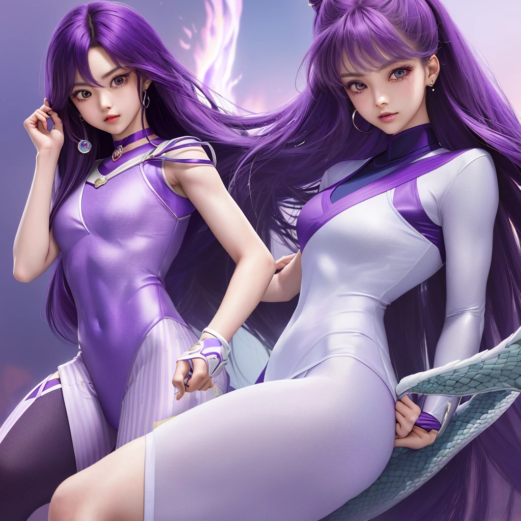 (Extreme complexity, two subjects)(subject 1: cryptic girl (CrptGrl), purple white gradient long hair, indifferent, kind, in her iconic outfit) and her companion Lisa (average Japanese woman, sailor scout outfit (small) looking embarrassed) confront a fire breathing dragon