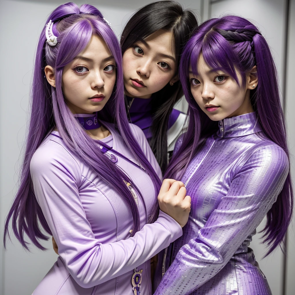 (Extreme complexity, two subjects)(subject 1: cryptic girl (CrptGrl), purple white gradient long hair, indifferent, kind, in her iconic outfit) and her companion Lisa (average Japanese woman, sailor scout outfit (small) looking embarrassed) examine a dragon's mouth and find a cavity