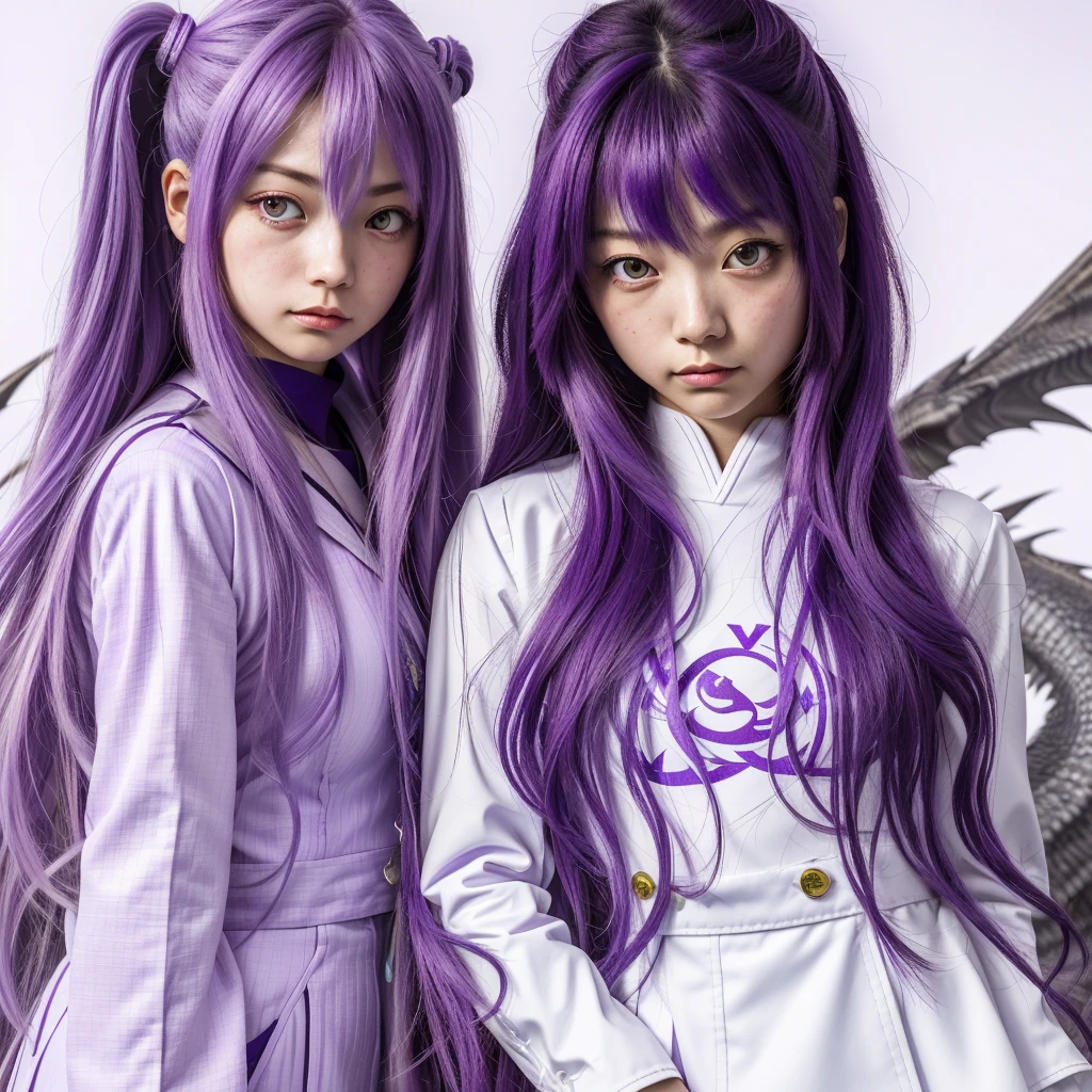 (Extreme complexity, two subjects)(subject 1: cryptic girl (CrptGrl), purple white gradient long hair, indifferent, kind, in her iconic outfit) and her companion Lisa (average Japanese woman, sailor scout outfit (small) looking embarrassed) examine a dragon's mouth and find a cavity
