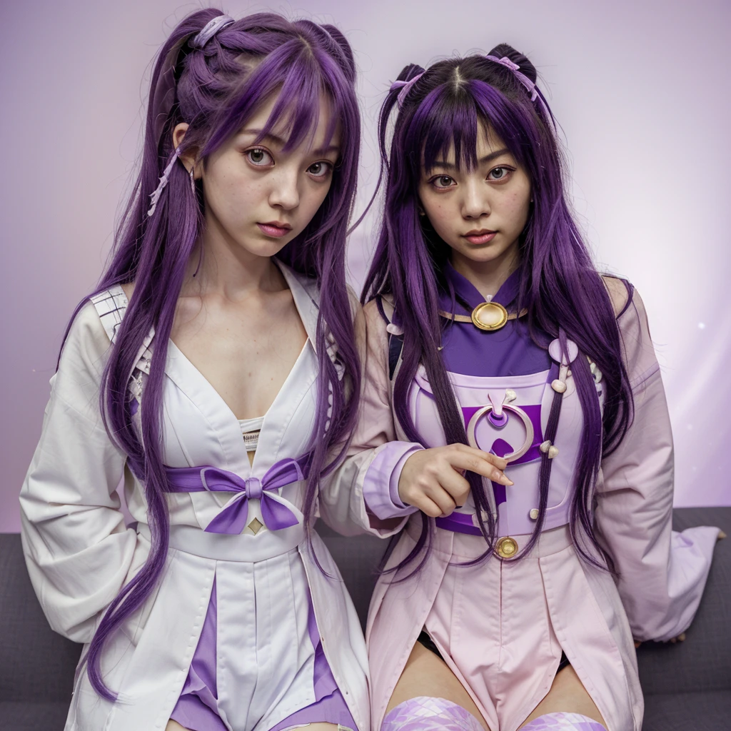 (Extreme complexity, two subjects)(subject 1: cryptic girl (CrptGrl), purple white gradient long hair, indifferent, kind, in her iconic outfit) and her companion Lisa (average Japanese woman, sailor scout outfit (small) looking embarrassed) examine a dragon's mouth and find a cavity