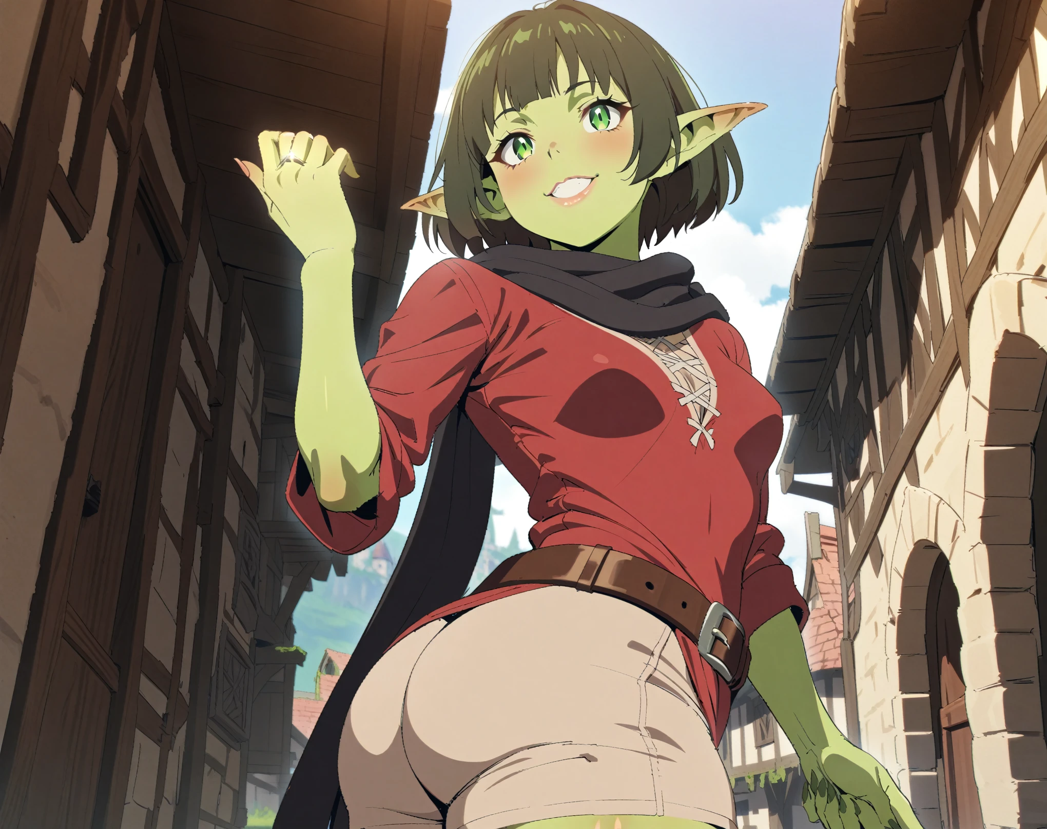 (Masterpiece, best quality, highres) {{Artist: Sincos}} 1 goblin woman, solo, mature, very short height, short, 30 years old, fully green skin, sharp eyes, green eyes, sharp ears, lips, thick ass, small breasts, short hair, bangs, brown hair, straight hair, standing straight, happy smile, holding hand up, showing off wedding ring, looking up at at camera, red tunic, beige shorts, leather belt, black scarf, in village, medieval fantasy.
