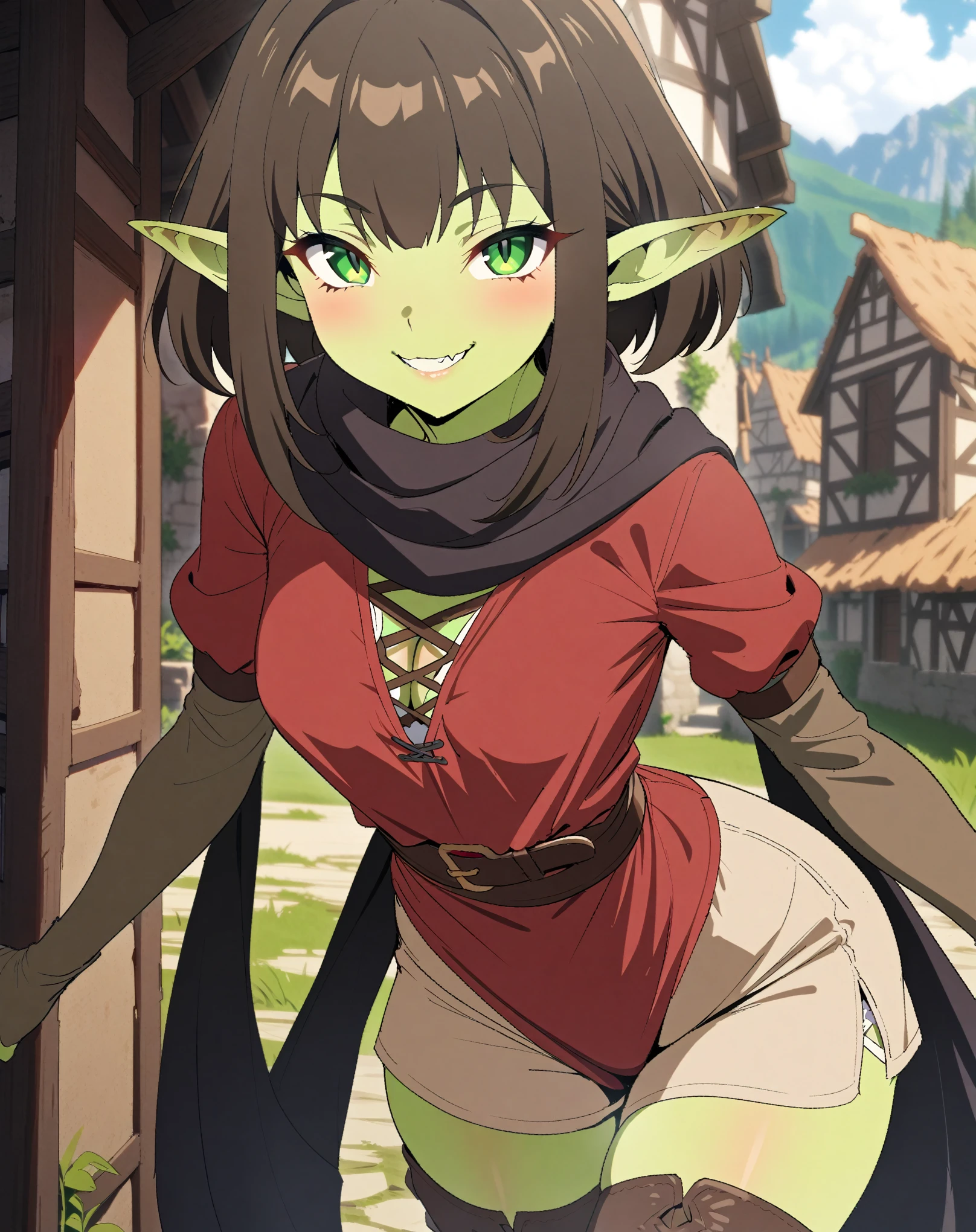 (Masterpiece, best quality, highres) {{Artist: Sincos}} 1 goblin woman, solo, mature, very short, 30 years old, fully green skin, sharp eyes, green eyes, sharp ears, thick ass, small breasts, short hair, brown hair, straight hair, mischievous smile, looking at camera, facing camera, red tunic, beige shorts, leather belt, black scarf, in village, medieval fantasy.