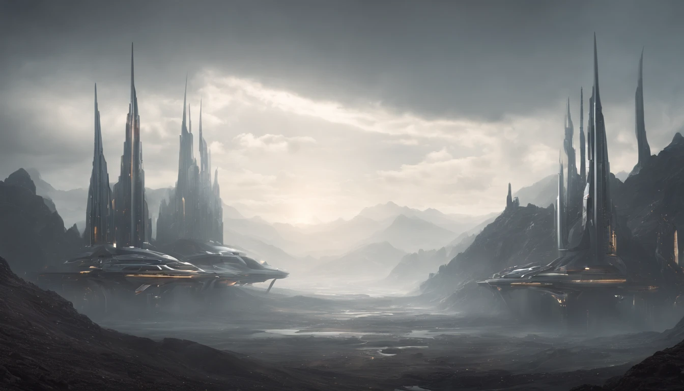 Futuristic structure, sci-fi landscape, surreal sci-fi landscape, sci-fi landscape, 8k concept art, sci-fi landscape, sci-fi landscape, dystopian alien landscape, wide angle sci-fi landscape, sci-fi digital art , white and metallic black