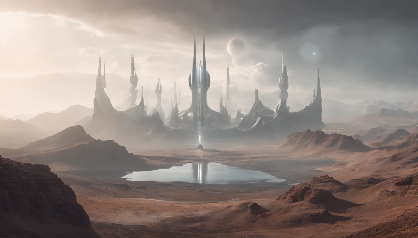 Futuristic structure, sci-fi landscape, surreal sci-fi landscape, sci-fi landscape, 8k concept art, sci-fi landscape, sci-fi landscape, dystopian alien landscape, wide angle sci-fi landscape, sci-fi digital art , white and metallic black