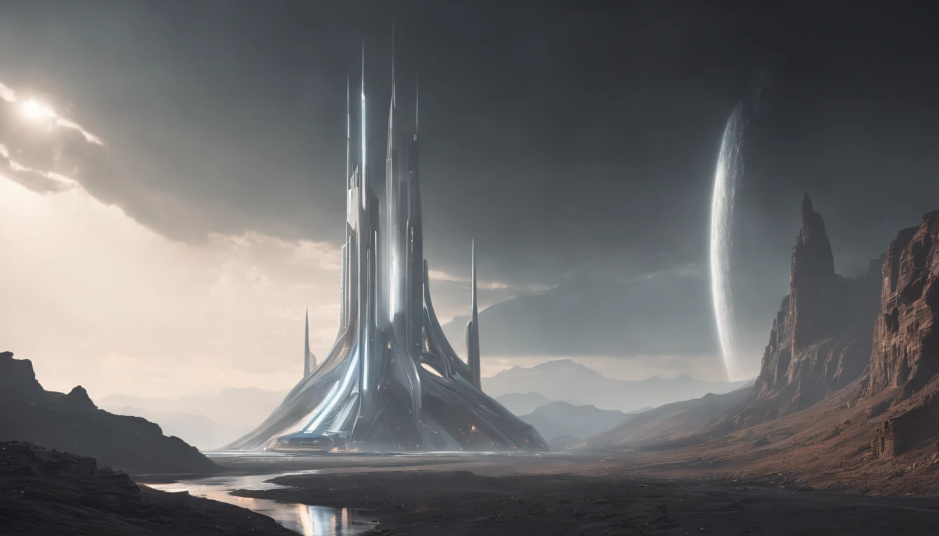 Futuristic structure, sci-fi landscape, surreal sci-fi landscape, sci-fi landscape, 8k concept art, sci-fi landscape, sci-fi landscape, dystopian alien landscape, wide angle sci-fi landscape, sci-fi digital art , white and metallic black