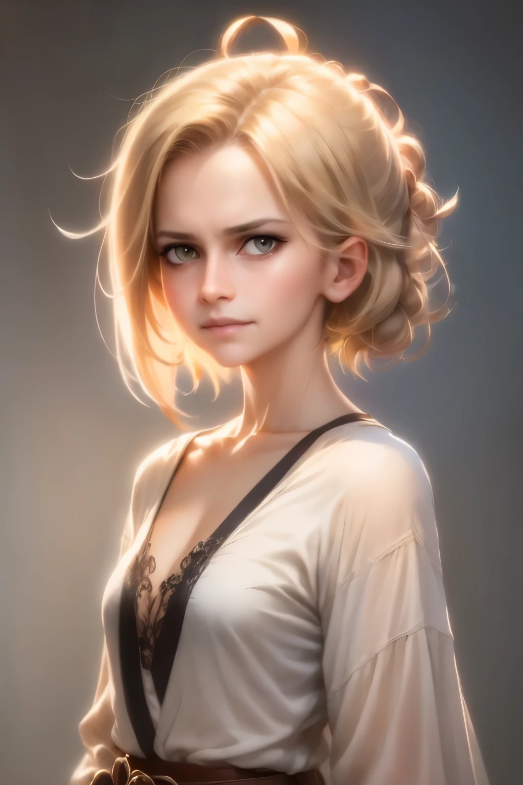 1 girl,beautiful, masterpiece, best quality, white background,Kazuya Takahashi, concept art, blonde,short hair