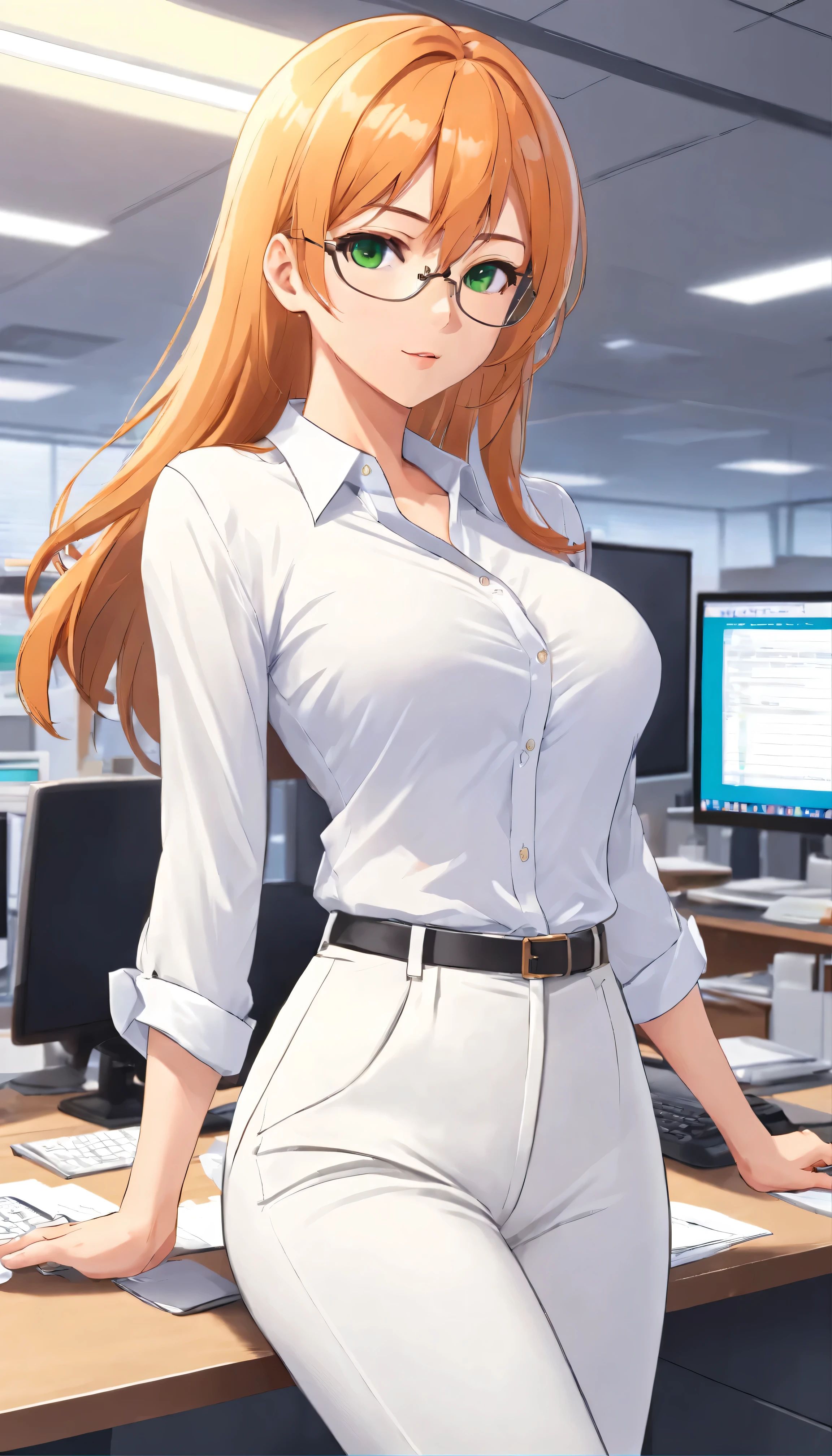 (masterpiece, Best quality), 8K, ultra detailed, realistic photo, Detailed face, perfect lighting, green eyes, bright orange hair, bright hair, fox ears, nice legs, side photo, beautiful, Cute, skin pores, 1 girl, stand in the office, hiking, Office pants, perfect shirt, fully dressed, beautiful women 30 years old, Beautiful proportions, Russian woman, Caucasian, European, Business lady, stunningly beautiful woman, mother, thick legs, show ass, big breasts, (Thin white shirt:1.4), thick, hot, (White Office Wear:1.4), tight pants, (wide hips:1.2), thick, (white Office pants:1.3), spread your legs, Legs open, full length, wide hips, Glasses