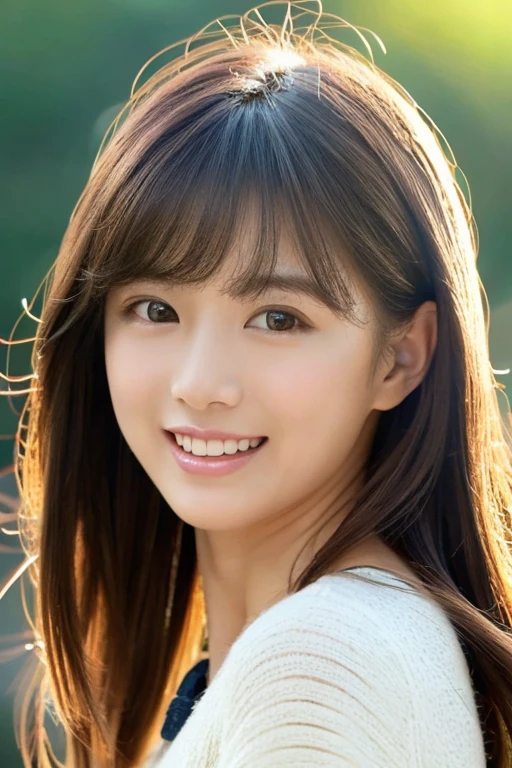 Brown eyes、Lip balm、Blonde: 1.5、Photo-Realistic:1.5、Tie-up hair、masterpiece、1 beautiful girl、Detailed eyes、highest quality, 超A high resolution, (Reality: 1.4), Cinema Lighting、Beautiful Skin、Slender、Body facing forward、(Surreal)、(High resolution)、(8k)、(Very detailed)、(Beautiful and detailed eyes)、(Ultra-detailed)、 (wallpaper)、Detailed face、View your viewers、Ryokuchi Park、30th Generation、Knit dress、Asymmetrical bangs 、smile、Reflection from the waist up、