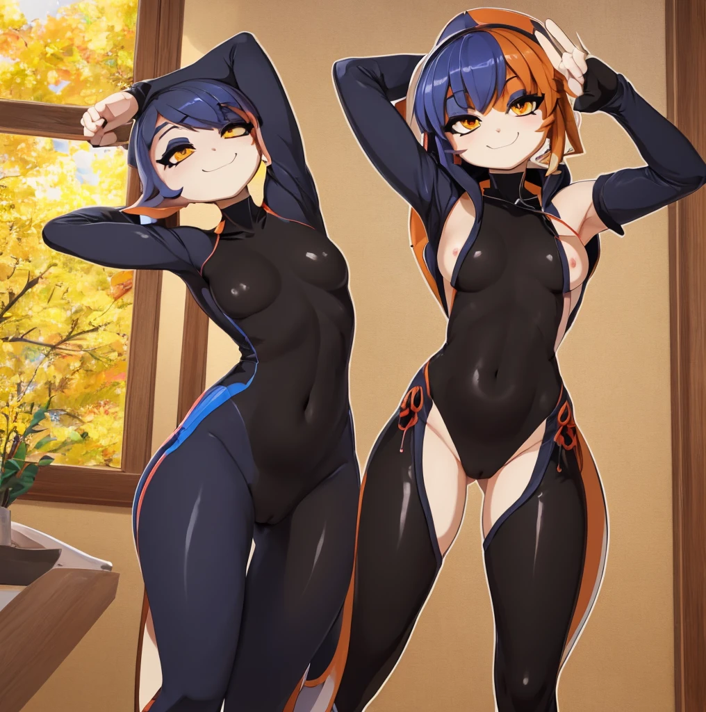a drawing of a debauchery priest lewd face, pose(arms up + happy), hands behind her body pose!, anime pose, pudica pose gesture, clean anime outlines, outlined!!!, fully body pose, full body zenkai! asuka suit, with arms up, sketchy artstyle, gesture drawn, holding a pudica pose