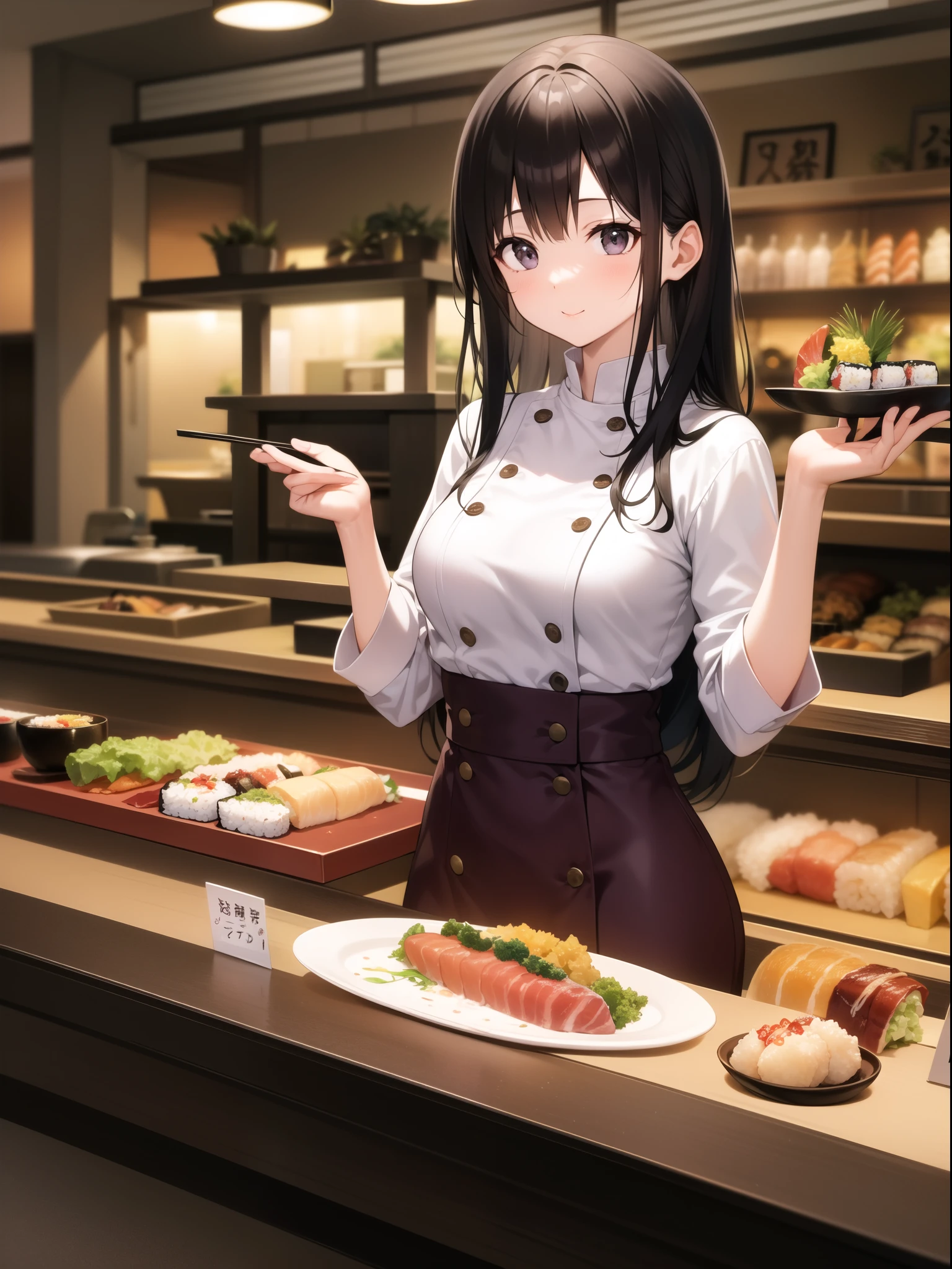 Young woman sitting at a sushi bar and enjoying sushi。The restaurant has a bright and modern design.、There is a welcoming atmosphere。There are several sushi plates lined up on the counter.、In the background you can see sushi chefs working.。The woman has long black hair and is dressed casually.、They have a happy and relaxed look。Other customers can be seen in the background.、It adds to the lively atmosphere of the sushi bar.。