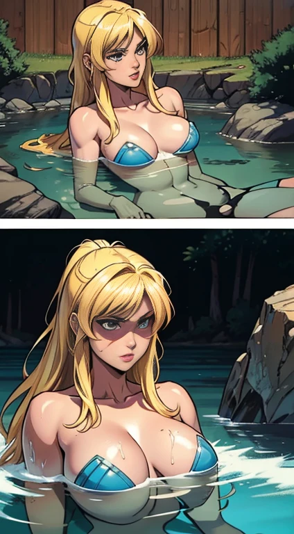Comic storyboard 6 panels, Cartoon comic strips, comic strip, A 20-year-old blonde amazons bathing, heavy metal comics style, hyper HD, 24K Ultra HD
