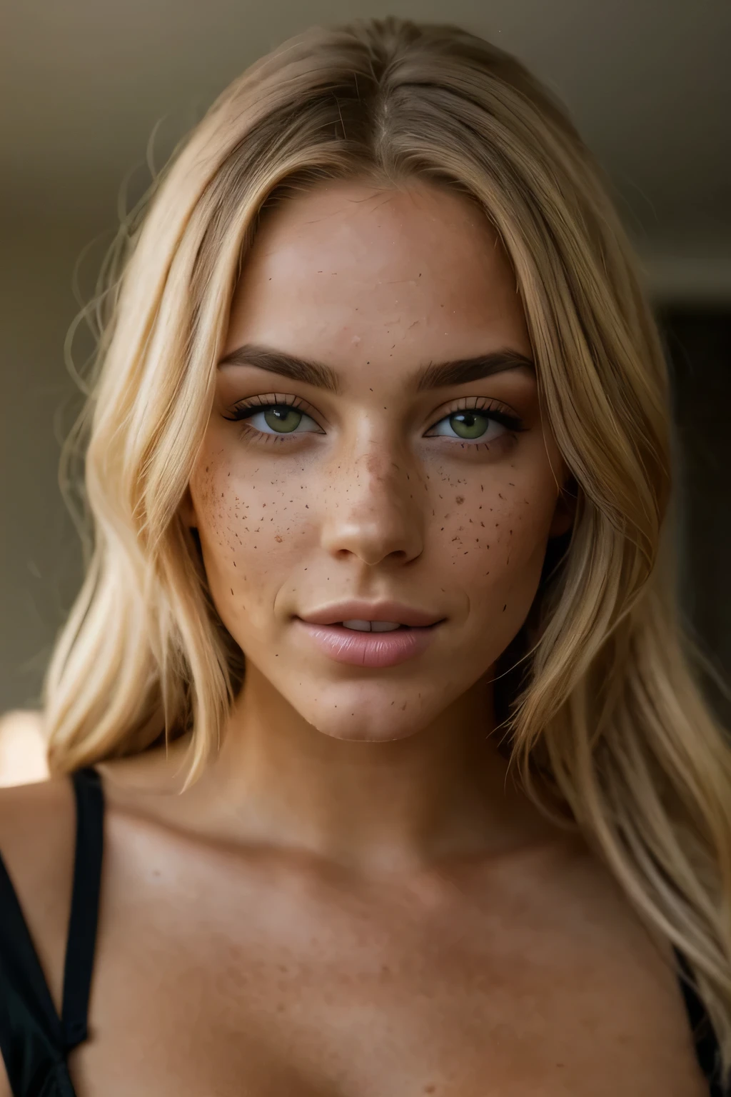 brunette woman with green eyes and freckles, a black bra top posing for a picture, photo of a beautiful woman, portrait of a beautiful model, beautiful brunette woman, extremely beautiful face, gorgeous attractive face, close-up perfect face, beautiful brunette girl, close up of a brunette woman, attractive beautiful face, stunning closeupheadshot, soft portrait shot 8 k, beautiful perfect face, freckles on her face