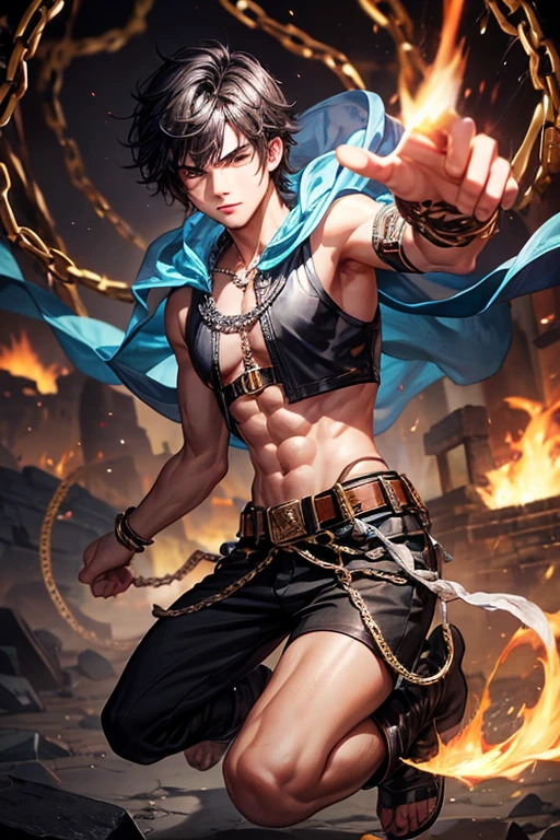 Taylor Lautner, 20 years old, short dark brown black hair, short messy hair, black eyes, djinn clothing, light silver sleeveless open vest, light silver vest with black Arabic print, light black Arabic pants, gold belt, bracelet djinn with silver gems, brown boots, phosphorescent yellow tattoos, surrounded by fire and blue smoke, hands tied with chains and feet surrounded by white chains, red magic circles on each hand on a background of Arabian ruins.