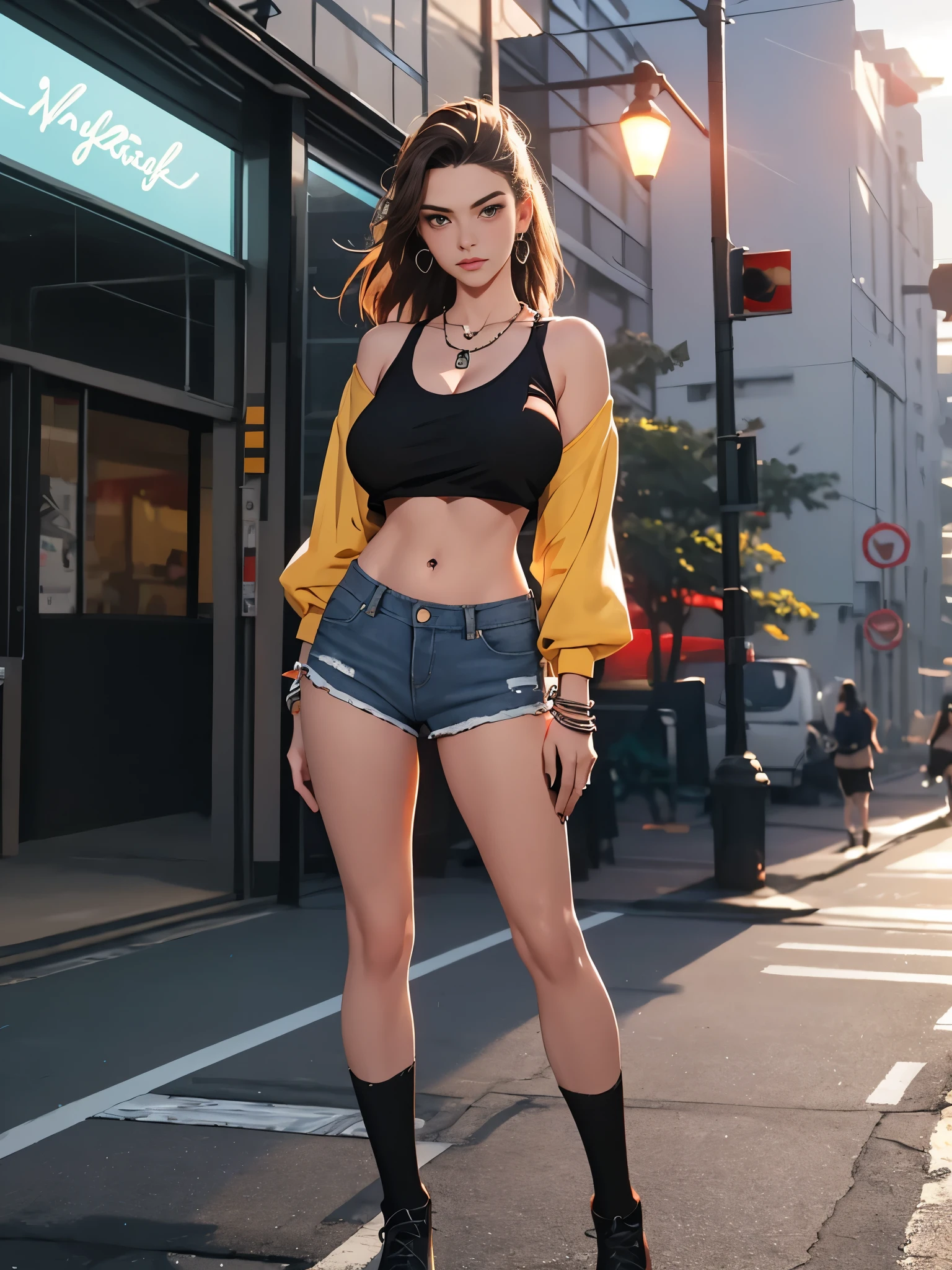 (1 girl, solo),Best quality, full body portrait, delicate face,brown long hair, bob haircut, forehead, 18 year old girl, slim figure, huge bust, loose oversized u-neck crop top full sleeved shhirt, cleavage,(under boobs:1.4), crotch gap, cameltoe, over shirt shorts, seen string of bikini bottoms, sunset bridge, vintage vespa behind, scene, standing tall, long leg , necklace, rings, earrings, bracelet, watch, open legs, araffe woman in shorts and a white top walking down a street, photorealistic perfect body, anime girl in real life, realistic anime 3 d style, sexy girl wearing shorts, at a city street, hyperrealistic full figure, bra and shorts streetwear, beautiful model girl, cyberpunk 2 0 y. o model girl, fashion model, hyper realistic anime, small waist, naval piercing, bellybutton pierced, nightlife,visible bra,denim shorts,tight ass, slutty,at night photo, night photography,brown hair(night outdoors)