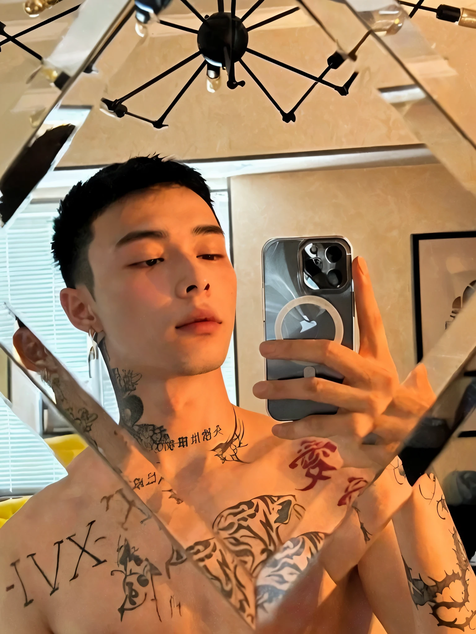 Arafed man with tattoos holding a cell phone and a knife., cai xukun, largo, inspirado en Xiao Yuncong, inspirado en Xi Gang, inspirado en Xie Huan, inspirado por Zou Zhe, Inspirado por Chen Daofu, inspirado por Huang Gongwang, ruan jian, Inspirado por Li Shixing, foto de perfil, 22 years