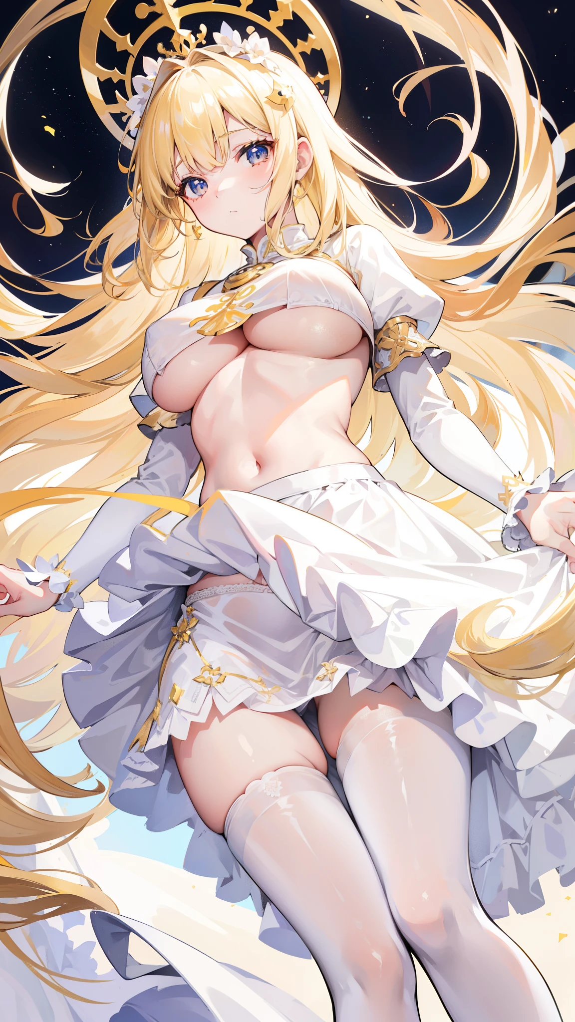 beautiful girl,Princess,(Saint),Long blond hair,Golden pupils,White Dress,(Princess裙),ta long skirt,Tutu,White pantyhose,On the crowded streets,((underboobs)),((Below the breasts)),((Lower breasts))