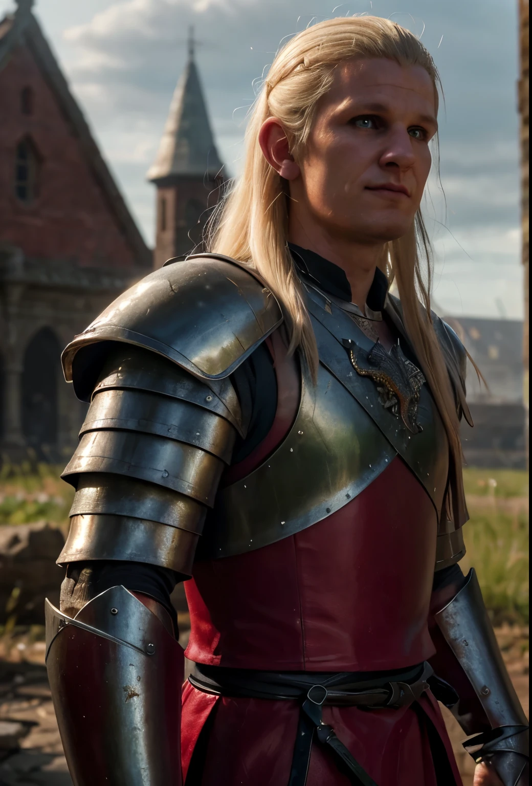 (8k, RAW photo, highest quality),(epic realistic:1.5), 1boy, caucasian, long white hair, smirk, photorealistic, evil look, full red armor, dark souls, intricate details,cinematic, dark studio,(hdr:1.5),detailed, muted colors, realistic, intricate, detailed face, realistic eyes. ((Dragon in background)).