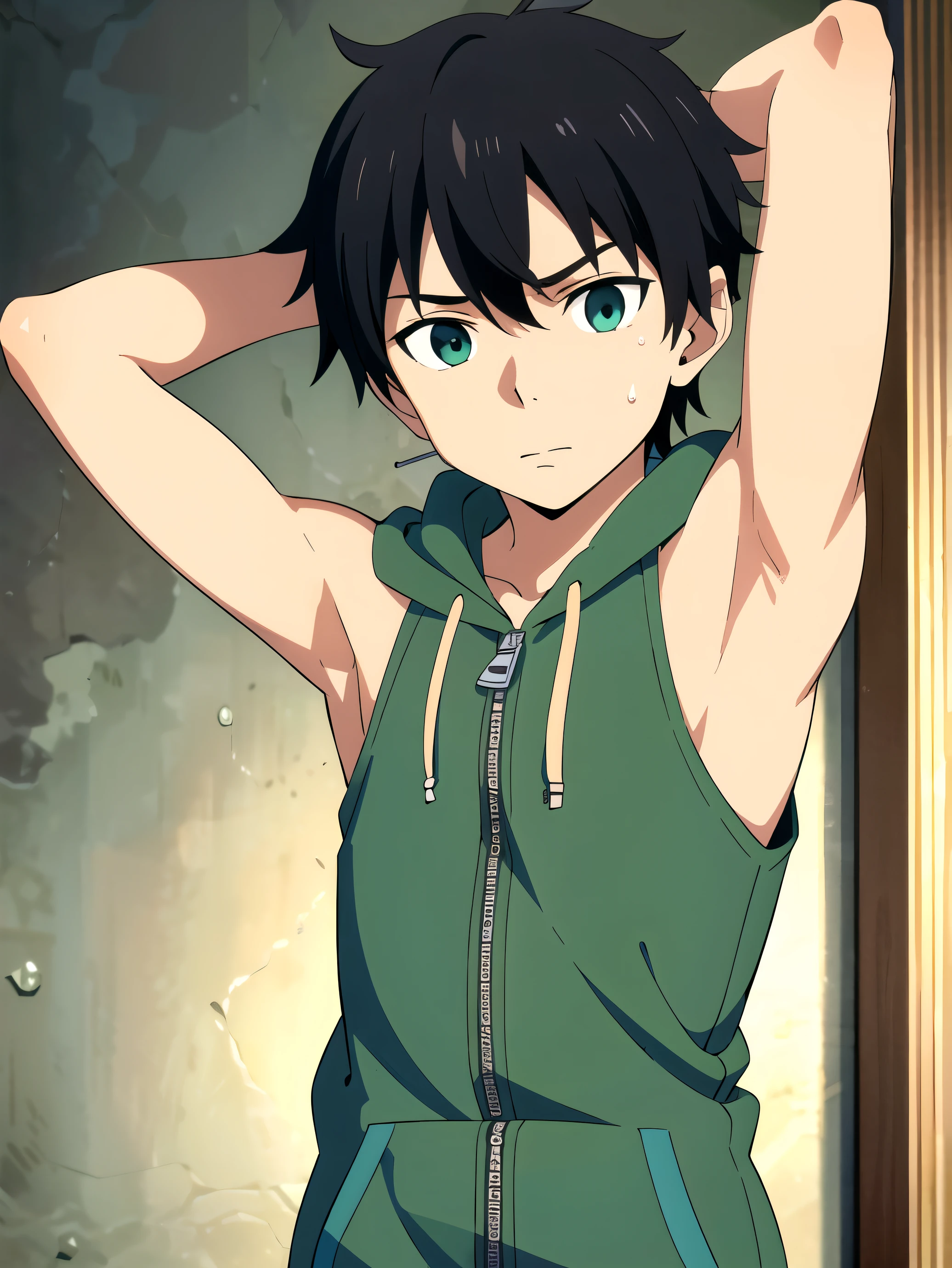 Highres, Masterpiece, Best quality at best,Best Quality,hight quality, hight detailed, 1boy, Shota, Green hoodie with cyan stripes, Wearing headset, The hoodie is sleeveless and has an open zipper, (very small and short stature), (very young boy), (very small and short body), -yeld bo (Showing armpit:1.3), School, Sweat