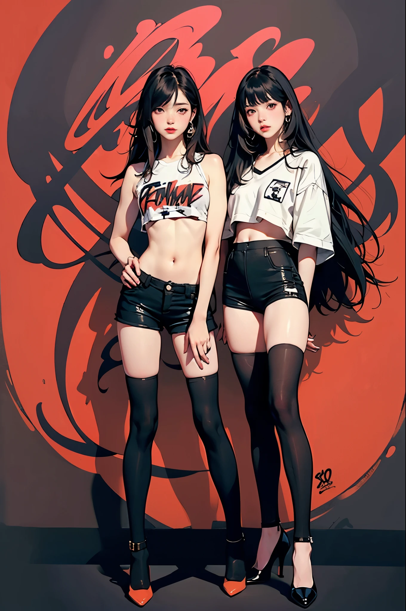 ((masterpiece, high quality, best quality, 8k, wallpaper, detailed, realistic)), 2girls, korean popstar, thighhighs, high heels, long legs, skinny, black hair, pretty hands, fringe, full body, (multiple girls:1.4), simple red background, palm trees,  (graffiti wall:1.2), muscular,  