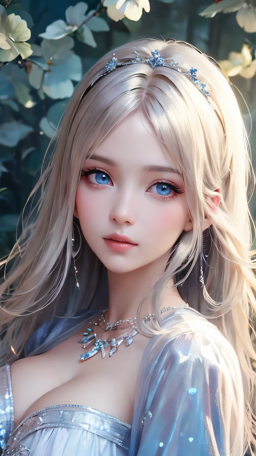 (close:1.4)、(RAW shooting:1.2)、(Realistic:1.4)、(masterpiece:1.3)、(highest quality:1.4)、Bright expression、Very beautiful girl、Extraordinarily beautiful girl、Cute and beautiful face details、Beautiful Bangs、Glowing White Skin、Facial hair、Bangs on the face、Bangs between the eyes、Super long hair、Glamorous light and dark platinum blonde super long straight silky hair、Thin Hair、Beautiful bright, clear, large light blue eyes that are charming and sparkling、Gorgeous dress、tiara、double eyelid、Bust of a Rich Man、Upper Body、capital of