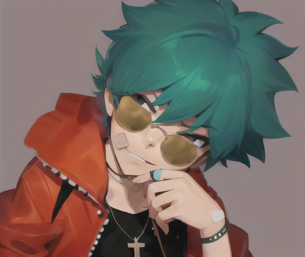 scottpilgrimvstheworld, 1boy, simple background, 1boy, solo, rebellious, delinquent, badboy, 1boy, short hair, cross necklace, band-aids on face, bandaid, Small Round Sunglasses