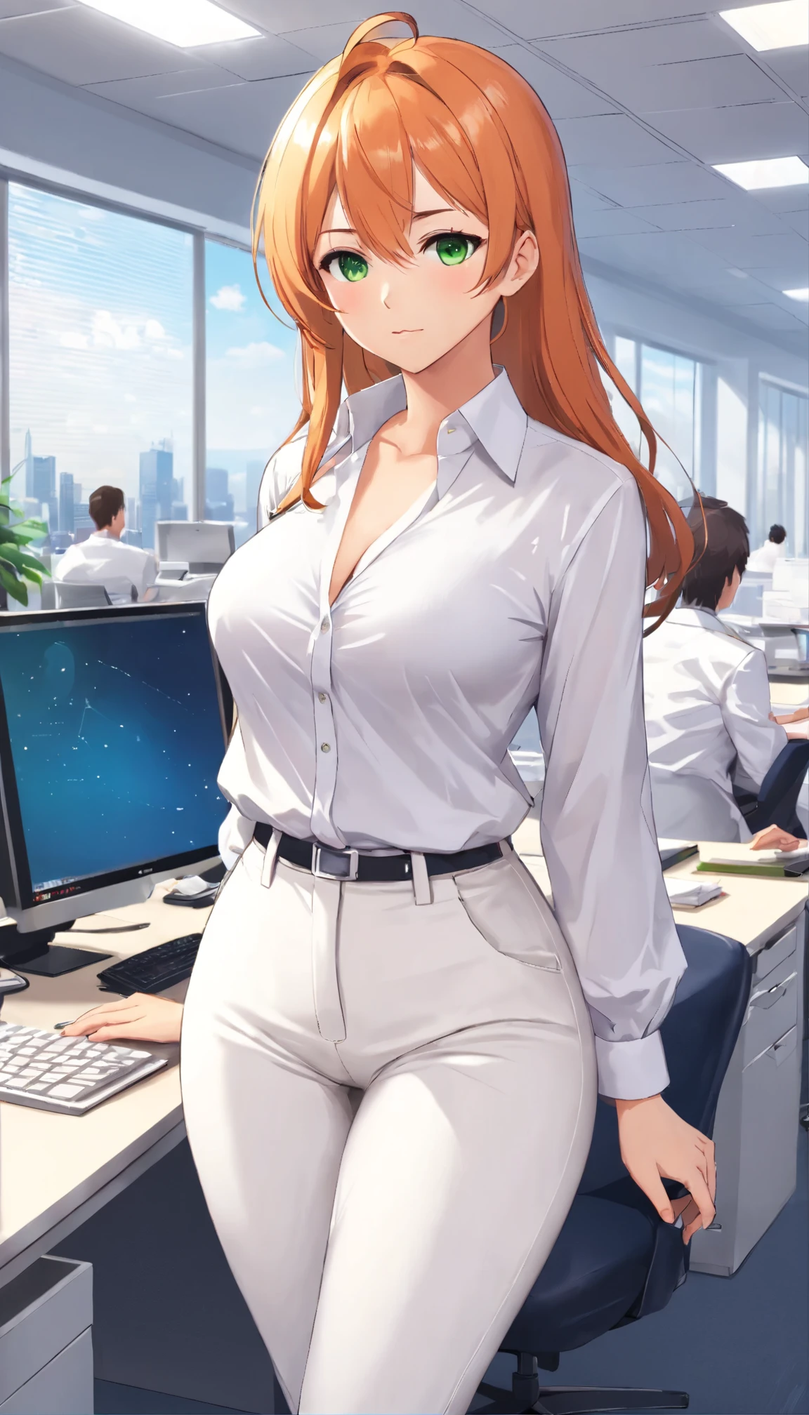(masterpiece, Best quality), 8K, ultra detailed, realistic photo, Detailed face, perfect lighting, green eyes, bright orange hair, bright hair, fox ears, nice legs, side photo, beautiful, Cute, skin pores, 1 girl, stand in the office, hiking, Office pants, perfect shirt, fully dressed, beautiful women 30 years old, Beautiful proportions, Russian woman, Caucasian, European, Business lady, stunningly beautiful woman, mother, thick legs, show ass, big breasts, (Thin white shirt:1.4), thick, hot, (White Office Wear:1.4), tight pants, (wide hips:1.2), thick, (white Office pants:1.3), spread your legs, Legs open, full length, wide hips, Glasses