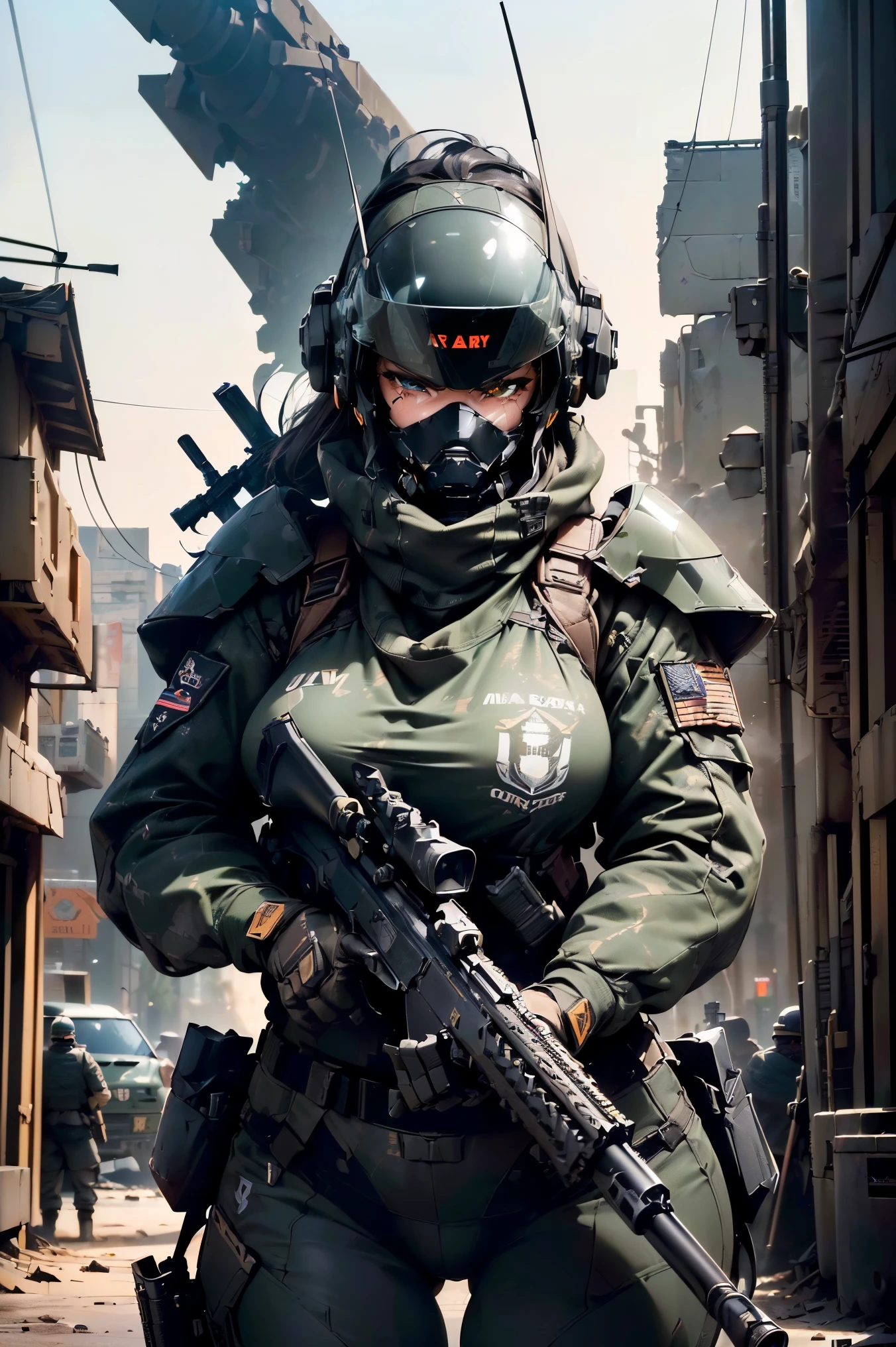 ((best quality, 8k, masterpiece: 1.2, ultra detailed, , a heavy mecha, hard surface)), (Armored core style: 1.0), (Big breasted woman with team U.S.ARMY robot armor GLOSSY BLACK) ,(((aiming at something with a rifle:1.4))),(((Looking into the sights of a rifle:1.4))),(((black body:1.5))),(The armor has the U.S. logo. ARMY..:1.4),(open tactical helmet:1.3),(One eye detailed:1.3),(One face detailed:1.3),(Weapons detailed:1.3),(body detailed:1.3),(full bodyesbian:1.5 ),(The background is a WAR city.:1.5),natural