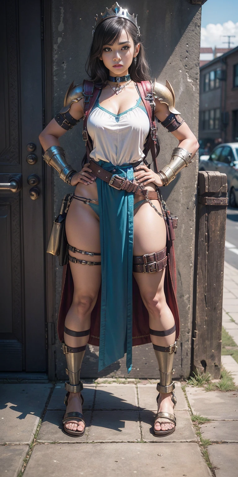 full body, whole body. 1solo (girl). slave fighter, loincloth standing, hands on hips full body, whole body. 1solo (girl). slave fighter, loincloth standing, hands on hips, metal sandals, backpack, choker, big belt, view from below, feet together, bracers, tiara