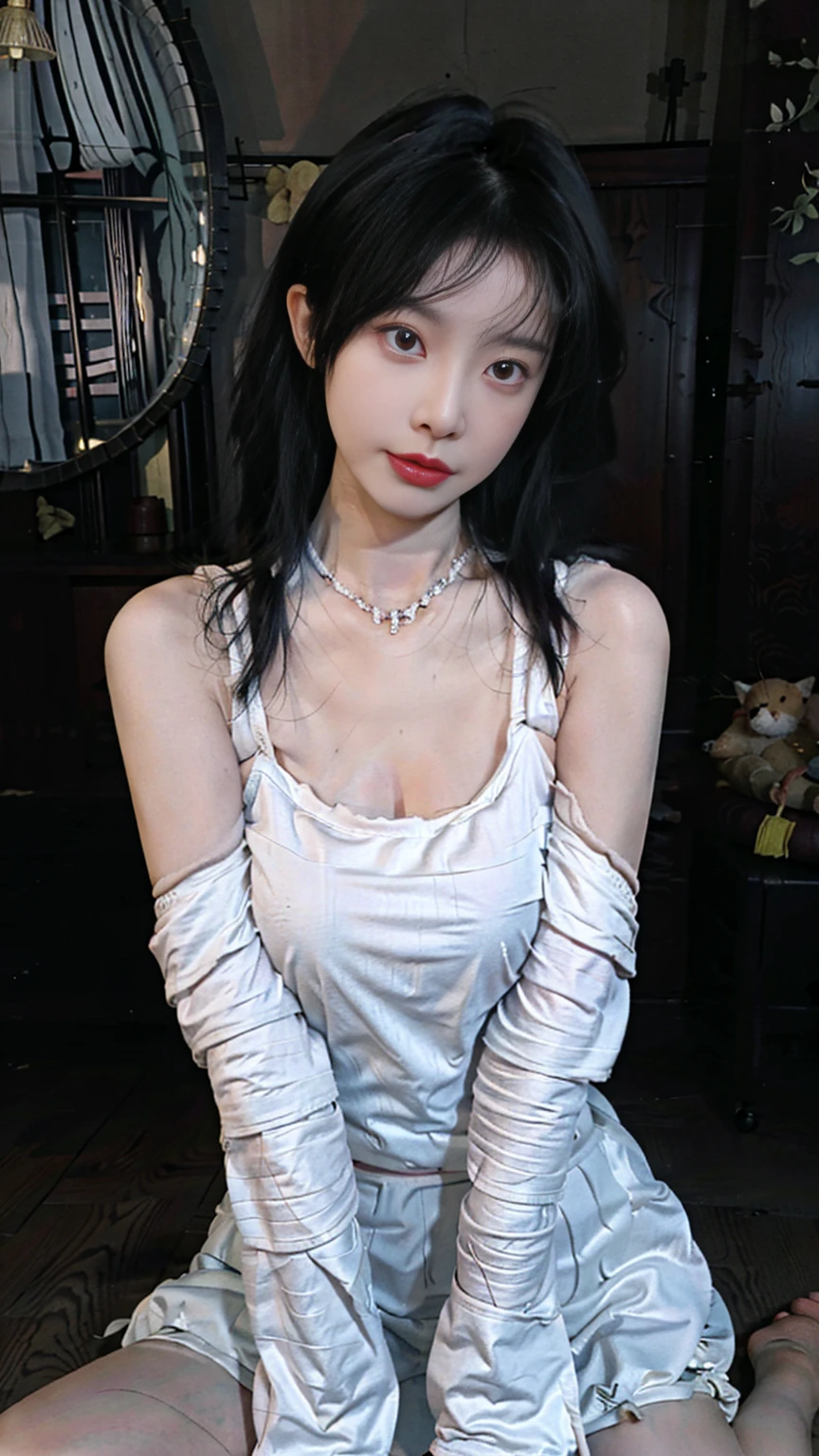 (nsfw:0.5), 8K, hyper realistic, masterpiece, Best quality at best, ultra - detailed, A high resolution, Random background, 1个Giant Breast Girl, (:1.5), Willow waist, Wide hips, knees, the night , 's, choker necklace, Nipple Ring, (full body), big ass, (sexy pose), (perfect hand), wearing a thin soft sexy pijama clothes.