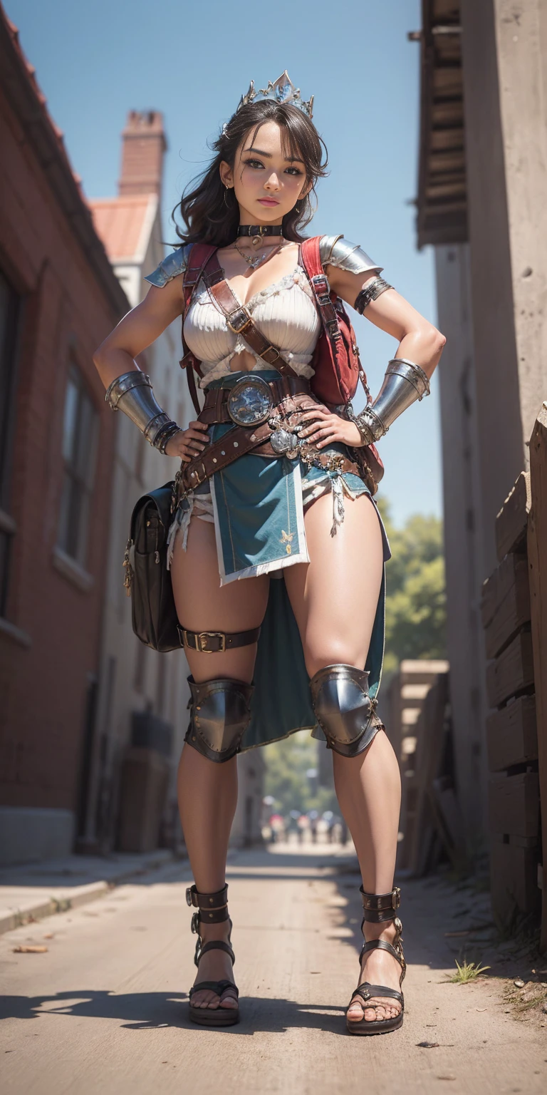 full body, whole body. 1solo (girl). slave fighter, loincloth standing, hands on hips full body, whole body. 1solo (girl). slave fighter, loincloth standing, hands on hips, metal sandals, backpack, choker, big belt, view from below, feet together, bracers, tiara