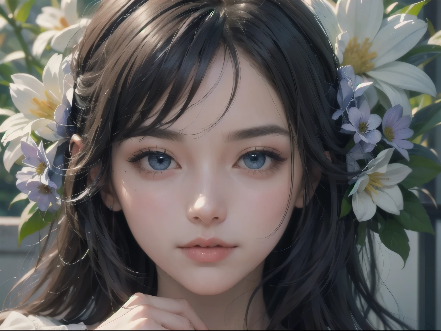 Woman and bouquet,Portrait close-up,She looked at me with such beautiful and kind eyes..Schneider Pastel Ink Details, Soft and wonderful, fluffy, (Very elegant and beautiful), (Perfect detail)、(pastel colour),Soft texture:1.2.(Tabletop, highest quality), (Beautiful, detailed eyes), (Detailed eyes and face),(Jet black silky hair), The colour is noticeably brighter.A faintly blurred silhouette,Surrounded by lots of flowers
