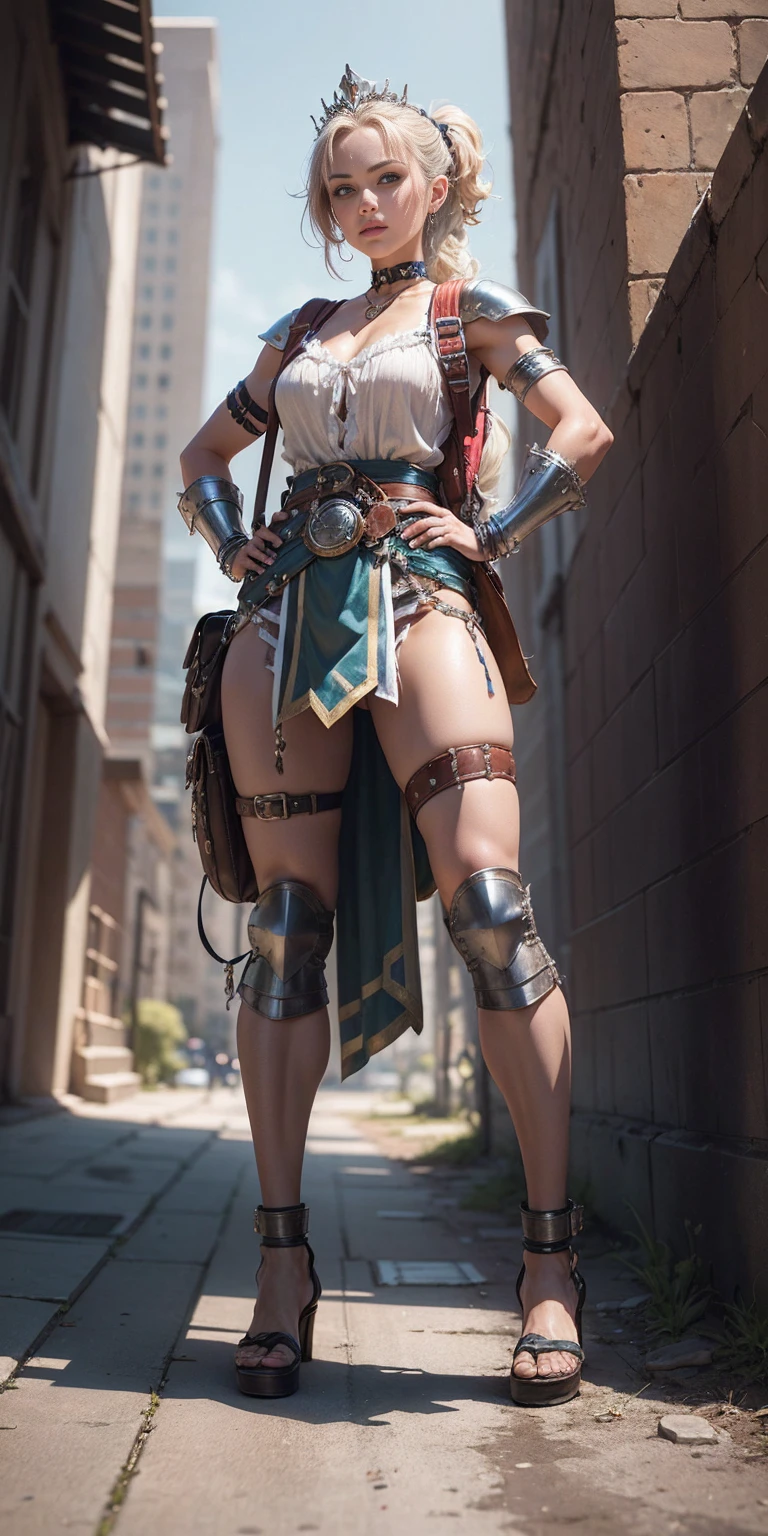 full body, whole body. 1solo (girl). slave fighter, loincloth standing, hands on hips full body, whole body. 1solo (girl). slave fighter, loincloth standing, hands on hips, metal sandals, backpack, choker, big belt, view from below, feet together, bracers, tiara