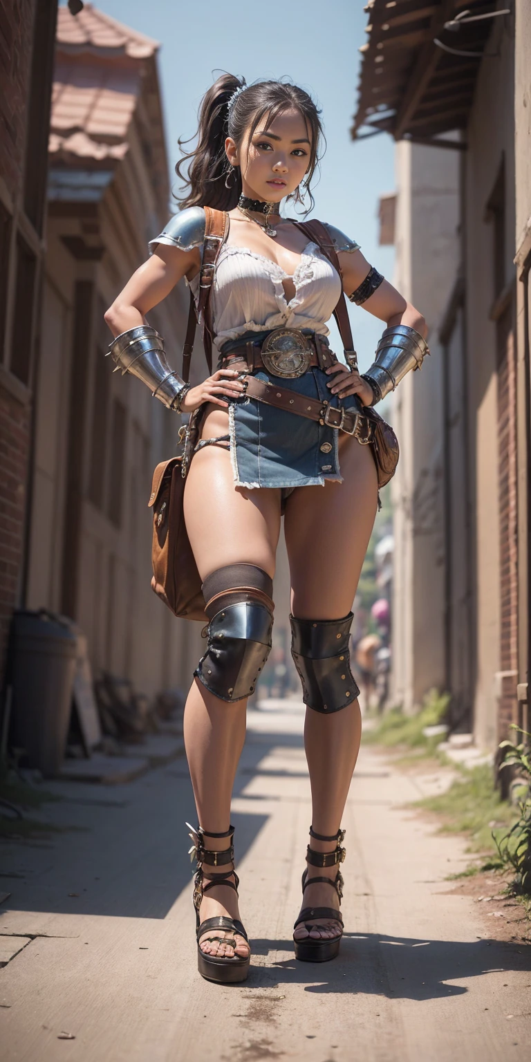 full body, whole body. 1solo (girl). slave fighter, loincloth standing, hands on hips full body, whole body. 1solo (girl). slave fighter, loincloth standing, hands on hips, metal sandals, backpack, choker, big belt, view from below, feet together, bracers, tiara