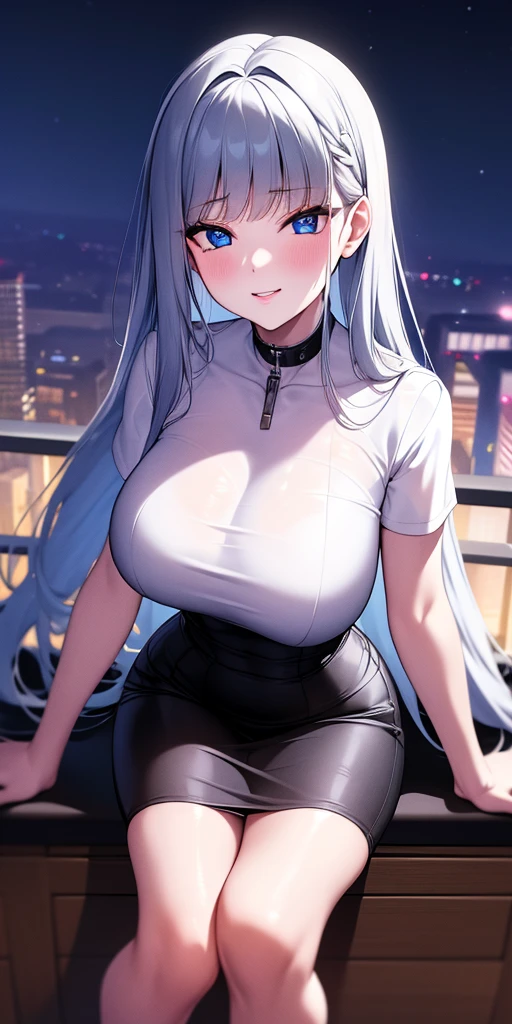 ((obra maestra)), ((mejor calidad)), (ultra detallado), ((extremadamente detallado)), 4k, (8K), mejor calidad, (Hermoso), estilo animado, mirar hacia arriba desde abajo, bar, noche, a pretty girl, 1 chica, solo, traje, Hermoso rainbow hair, Hermoso blue eyes, ((Hermoso eyes)), De piel blanca, pendientes, collar, sonrisa