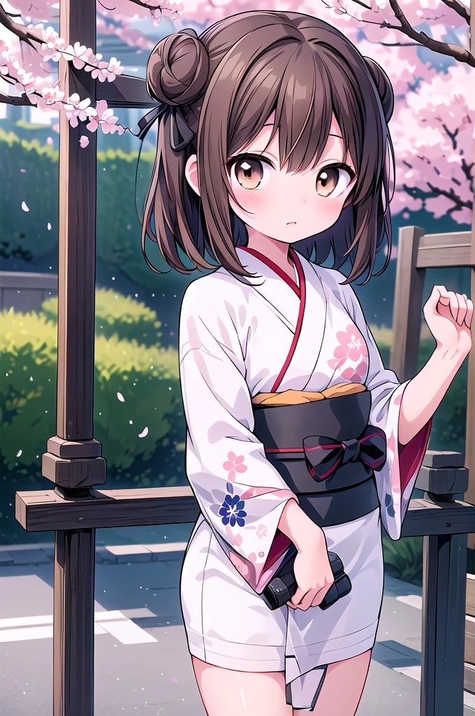 ((highest quality)), masterpiece, 超高解picture度, 8k,Show anime style , One, Soft Line Art, Digital Enhancement, shojo anime touch, shojo manga core, Flowing fabric, close, Soft Drawing, (Ultra-Definition Digital Anime Art), Clear facial depiction, ((Super detailed girl cartoon character art)), (Ultra-detailed manga style), highest qualityの色,Two Girls, black kimono, Black legwear, Black ribbon, Black Hair, cherry blossoms, Day, flower, Hair Bun, hair ribbon, kimono, kimono, Long Hair, View Viewer, Recall, Multiple Girls, ((Short brown hair)), Beautiful brown hair, (Clear brown eyes), Slightly chubby,Small breasts, stage, Are standing, picture, torii, wood, white kimono,