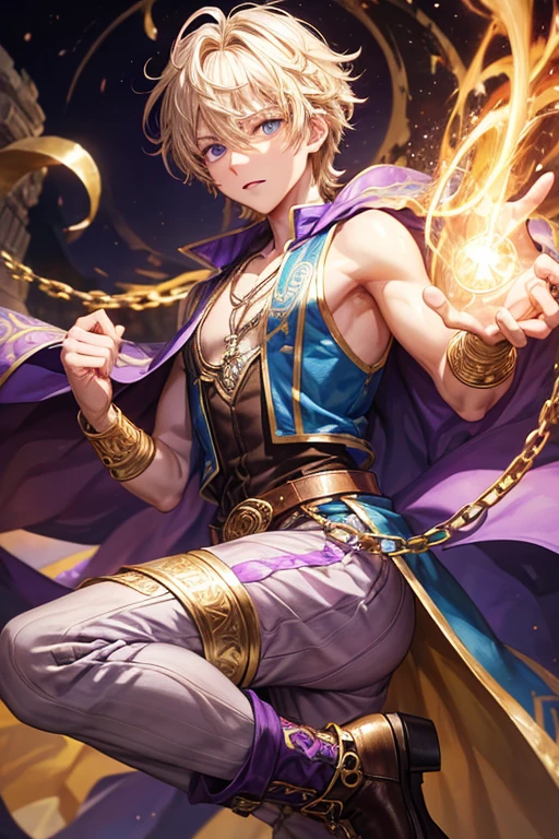 Sterling Knight, 20 years old, short dark golden blonde hair, short messy hair, dark blue eyes, djinn clothing, light purple sleeveless open vest, light purple vest with gold Arabic print, light purple Arabic pants, gold belt, djinn bracelet with silver gems, brown boots, phosphorescent yellow tattoos, surrounded by fire and purple smoke, hands tied with chains and feet surrounded by white chains, purple magic circles on each hand on a background of Arab ruins.