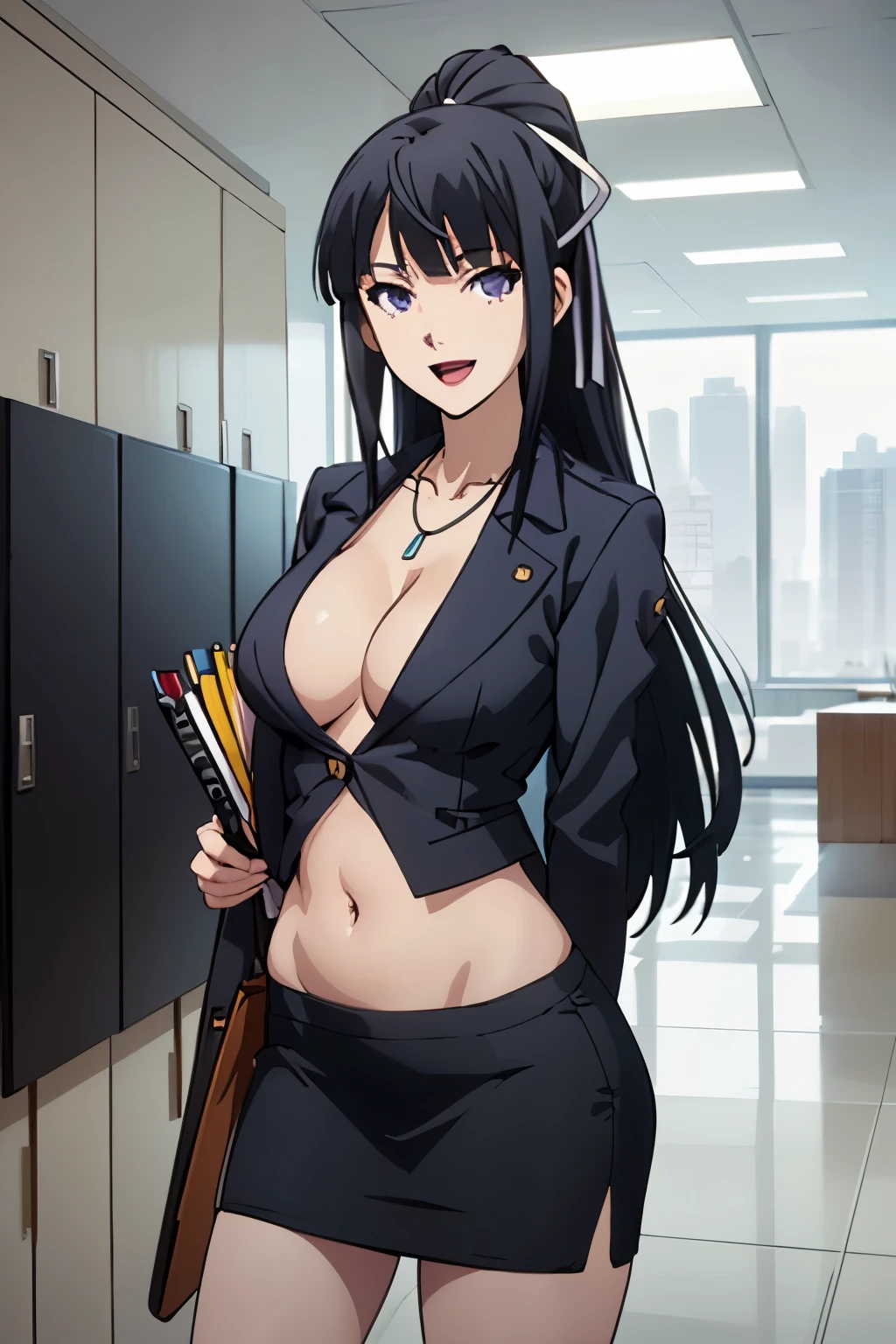 solo, 1girl, looking at viewer, 2D, anime, anime coloring, hotaru rindou,   masterpiece, best quality, highly detailed,breasts,skirt,cleavage,long hair,skirt  suit,suit,formal,jewelry,necklace,micro pencil skirt,jacket,smile,makeup,looking at viewer,business suit,  lipstick,office lady,mature female,micro miniskirt,indoor,office,office lady ,smile, open mouth, (nsfw) not  safe for work, holding a gun, evil expression, exposed belly, exposed navel, exposed midriff, exposed  lower belly , lipstick