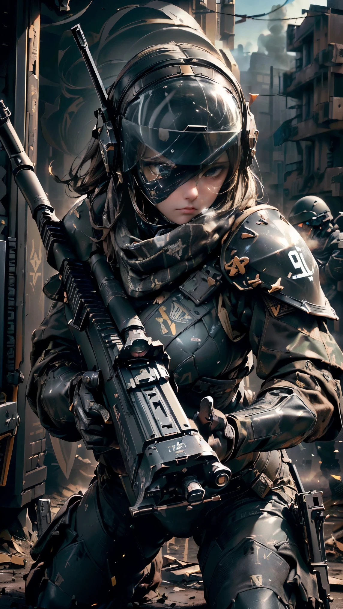 ((best quality, 8k, masterpiece: 1.2, ultra detailed, , a heavy mecha, hard surface)), (Armored core style: 1.0), (Big breasted woman with team U.S.ARMY robot armor GLOSSY BLACK) ,(((aiming at something with a rifle:1.4))),(((Looking into the sights of a rifle:1.4))),(((black body:1.5))),(The armor has the U.S. logo. ARMY..:1.4),(open tactical helmet:1.3),(One eye detailed:1.3),(One face detailed:1.3),(Weapons detailed:1.3),(body detailed:1.3),(full bodyesbian:1.5 ),(The background is a WAR city.:1.5),natural