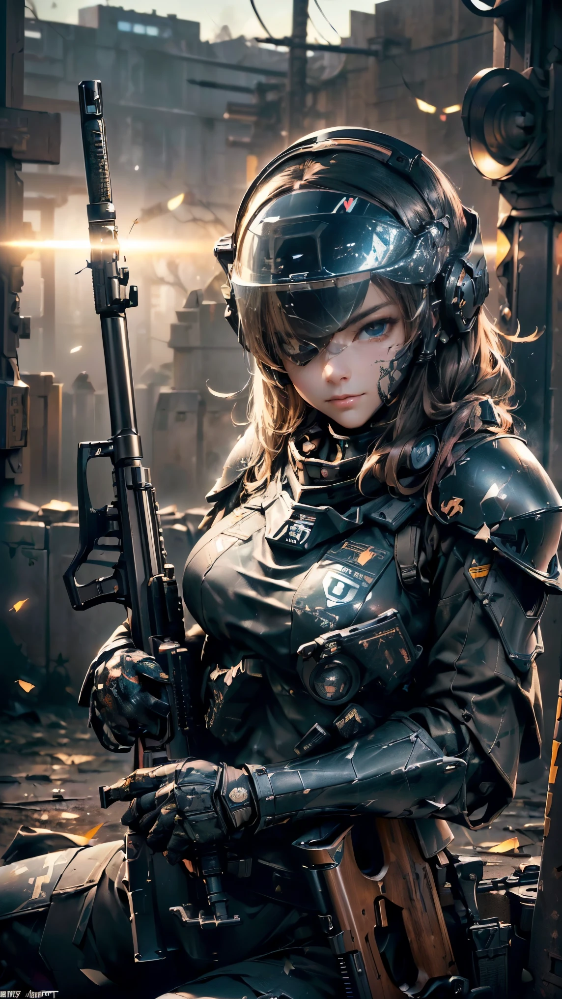 ((best quality, 8k, masterpiece: 1.2, ultra detailed, , a heavy mecha, hard surface)), (Armored core style: 1.0), (Big ed woman with team U.S.ARMY robot armor GLOSSY BLACK) ,(((aiming at something with a rifle:1.4))),(((Looking into the sights of a rifle:1.4))),(((black body:1.5))),(The armor has the U.S. logo. ARMY..:1.4),(open tactical helmet:1.3),(One eye detailed:1.3),(One face detailed:1.3),(Weapons detailed:1.3),(body detailed:1.3),(full bodyesbian:1.5 ),(The background is a WAR city.:1.5),natural